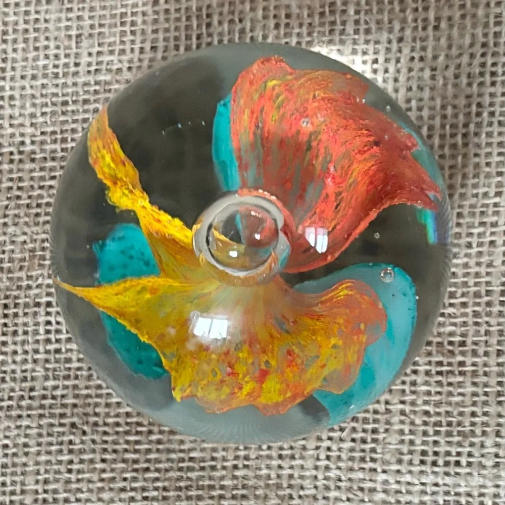 Vintage Orange Flower Art Glass Paperweight Round Dome Tropical Beach Boho